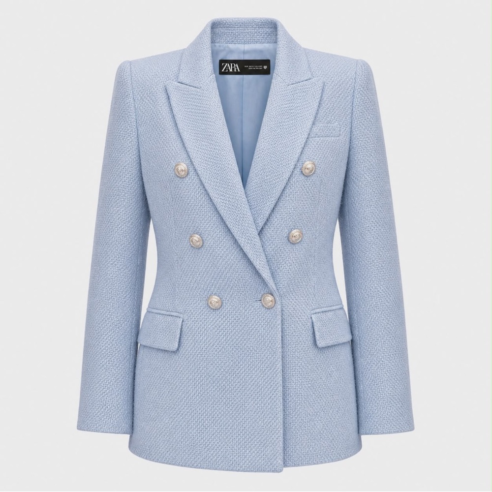 NWOT. Sz 8. ZARA Sky Blue Textured Tweed Double Breasted Blazer Jacket - Picture 8 of 13